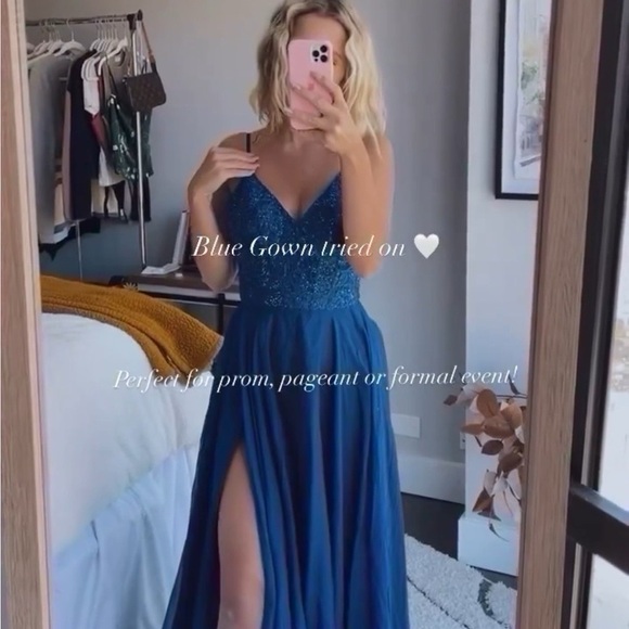 La Femme Sparkle Lace Chiffon Gown Marine Blue 28664 - Picture 3 of 14